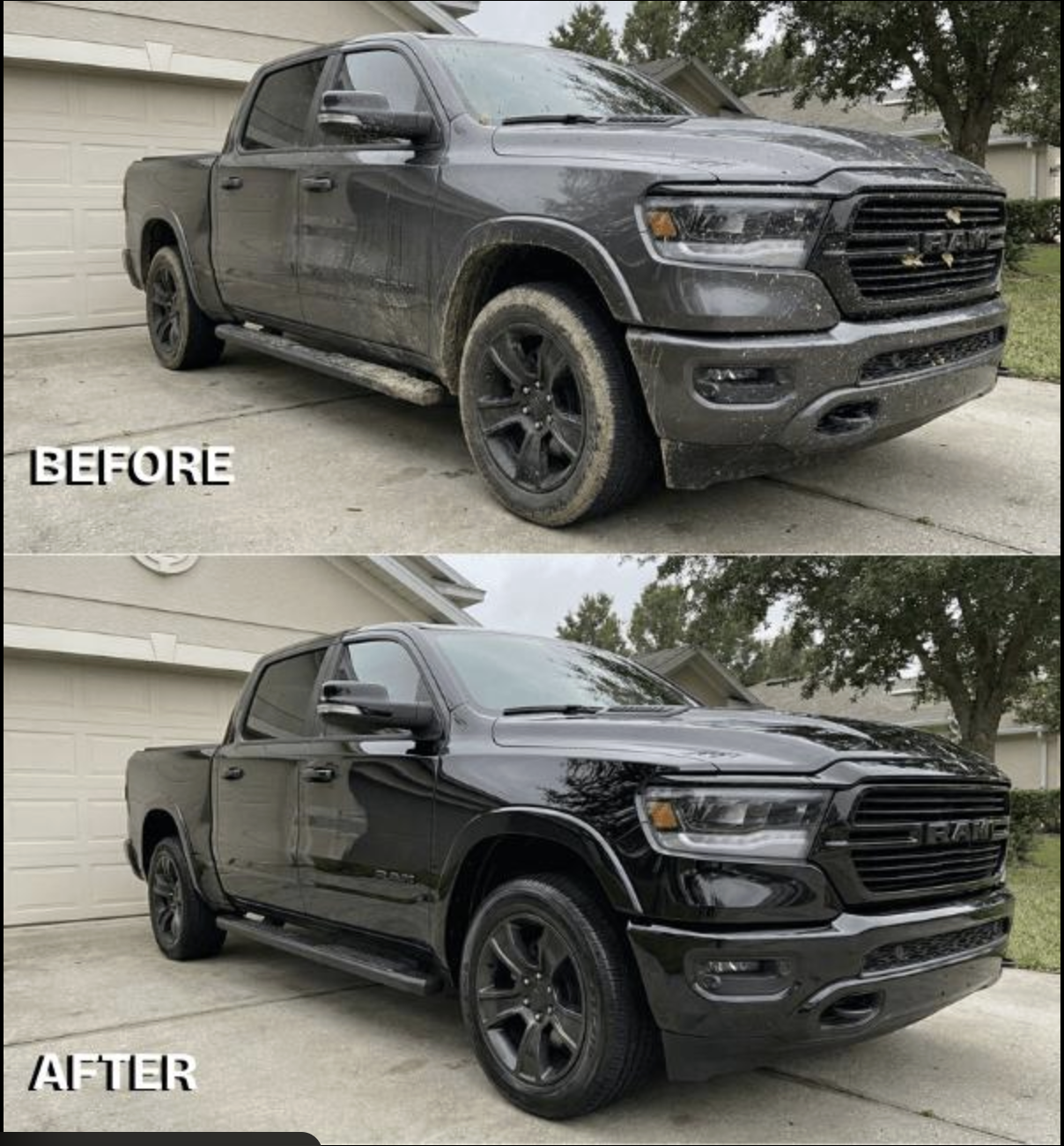 Before and after detailing of a black Ram truck by Shoreline Mobile Auto Detailing