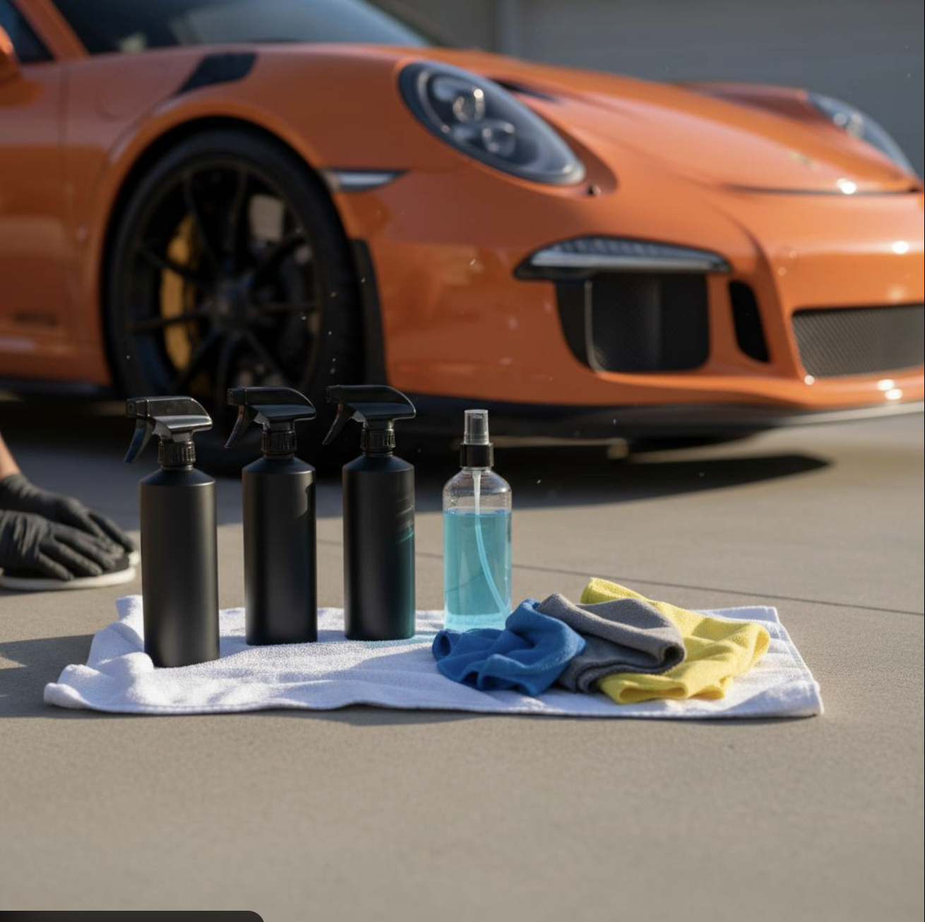 Premium detailing products beside an orange Porsche 911